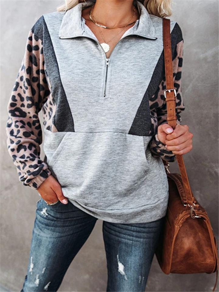 Casual Style Leopard Printed Front Pouch Pocket Zipper Sweatshirt Shopvhs.com