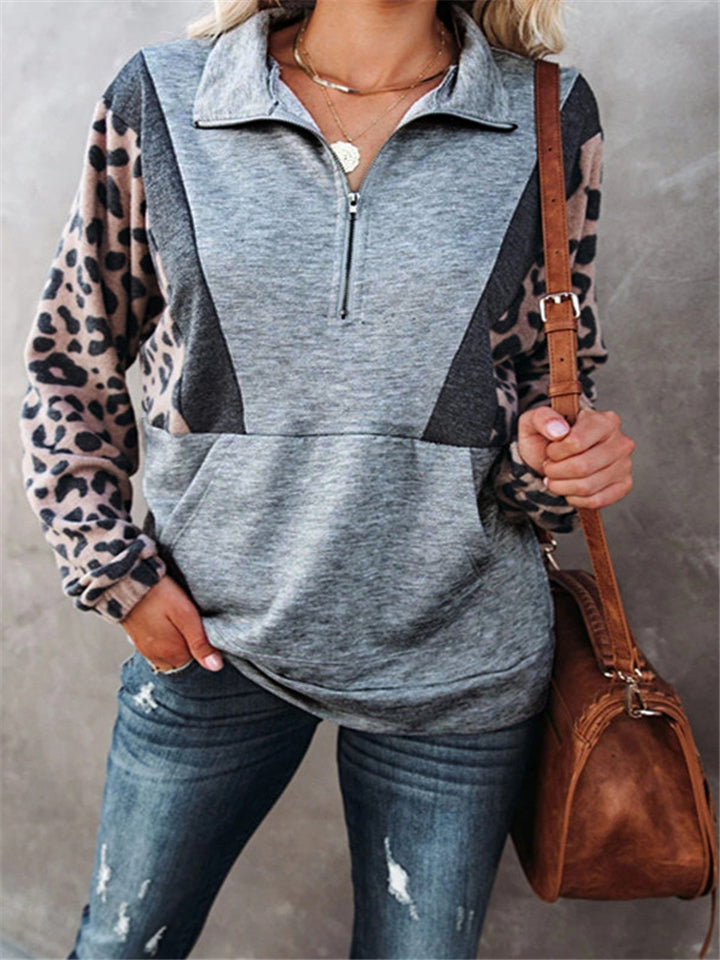 Casual Style Leopard Printed Front Pouch Pocket Zipper Sweatshirt Shopvhs.com