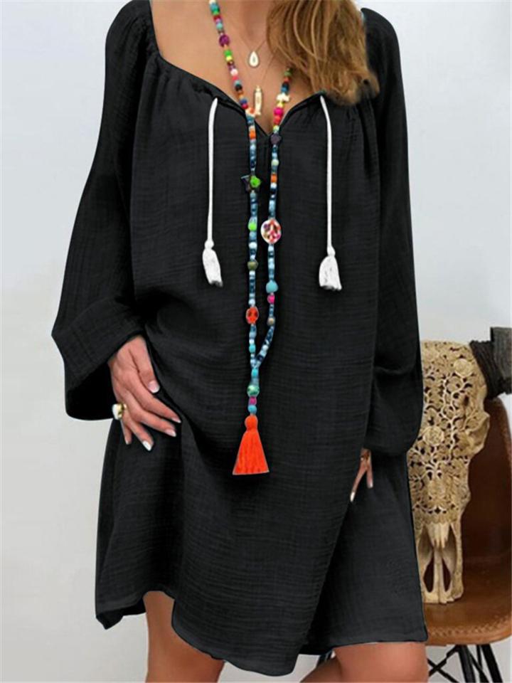 Casual Style Long Sleeve Solid Color Drawstring Linen Midi Dress Shopvhs.com