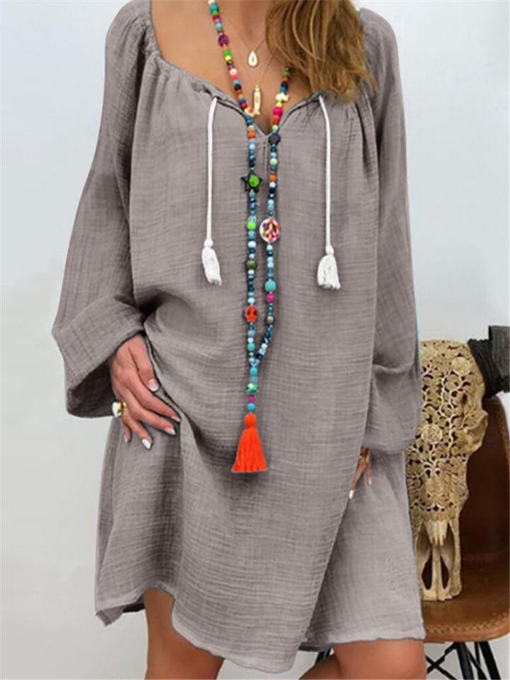 Casual Style Long Sleeve Solid Color Drawstring Linen Midi Dress Shopvhs.com