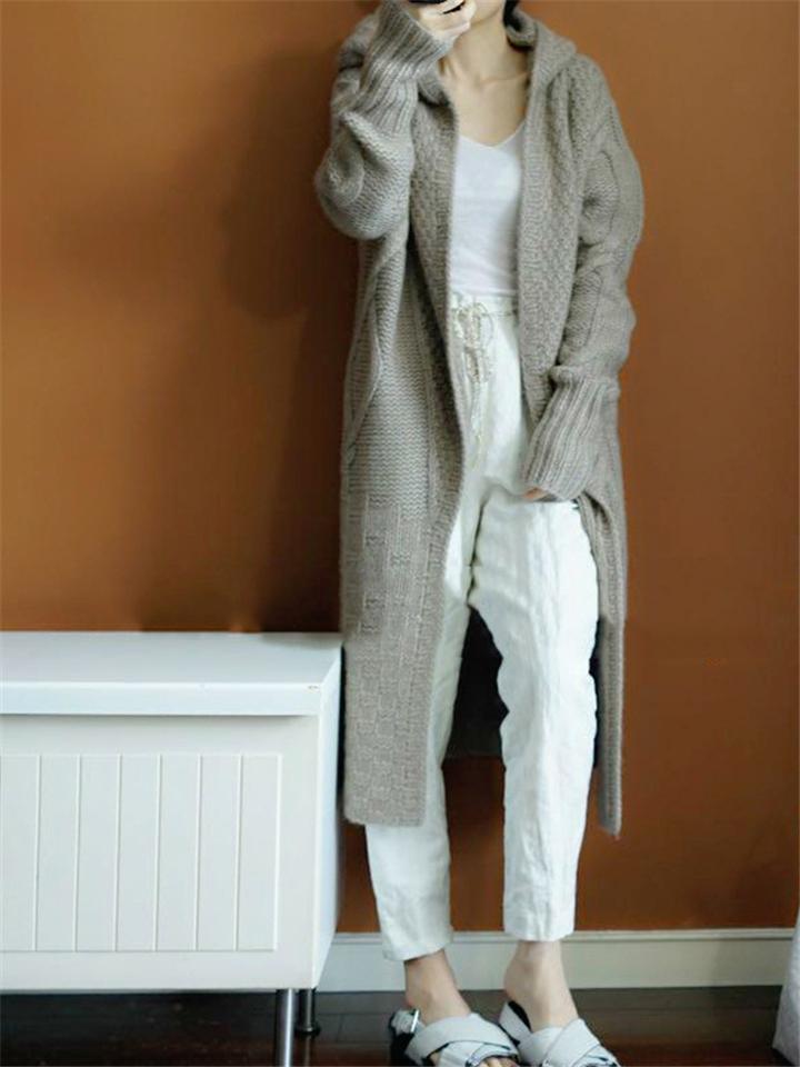 Casual Style Open Front Solid Color Ribbed Knit Hooded Sweater Shopvhs.com