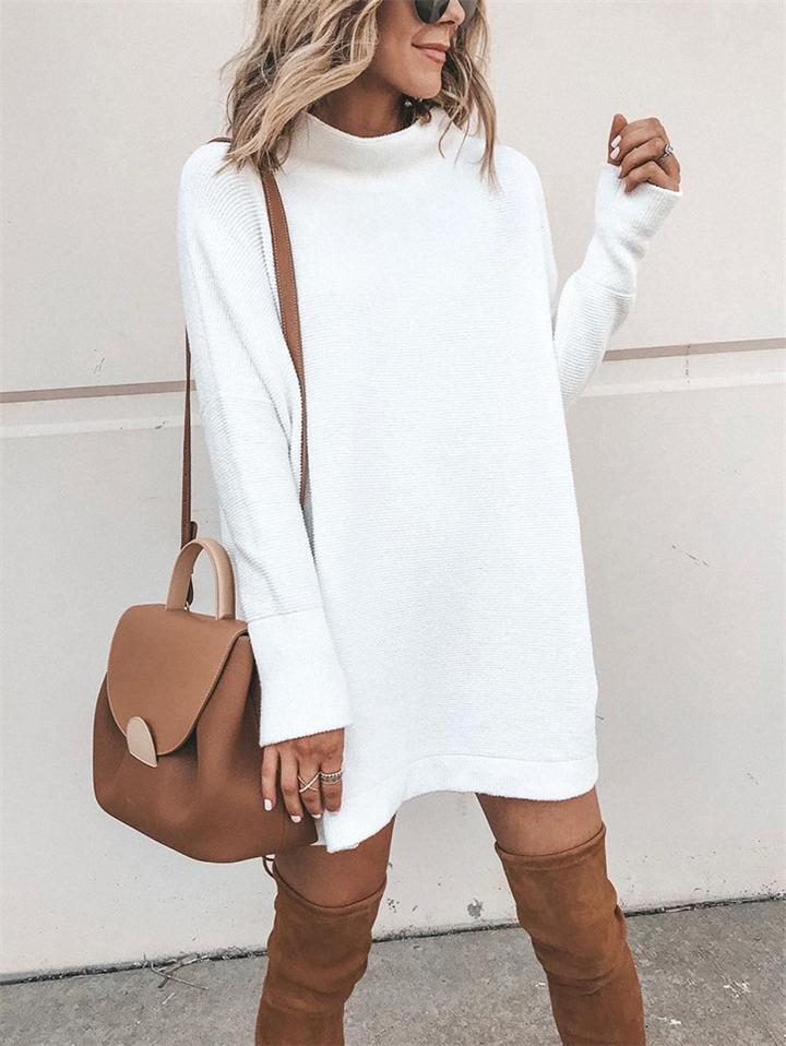 Casual Style Pullover Turtleneck Solid Color Knitted Sweater Dress Shopvhs.com