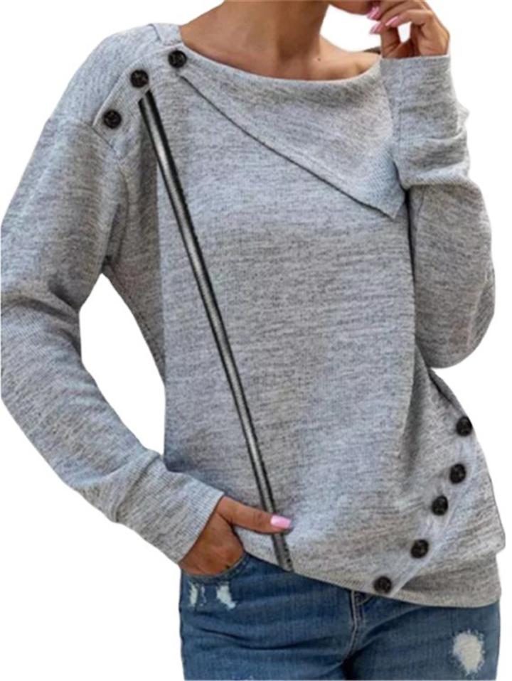 Casual Style Round Neck Asymmetric Design Button Knitted Pullover Tops Shopvhs.com