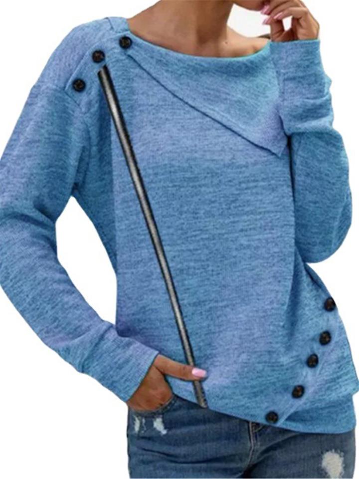 Casual Style Round Neck Asymmetric Design Button Knitted Pullover Tops Shopvhs.com