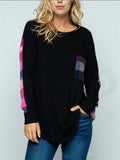 Casual Style Round Neck Back Contrasting Plaid Chest Pocket Tops Shopvhs.com