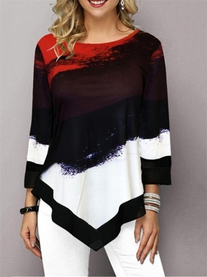 Casual Style Round Neck Floral Printed 3/4 Sleeve Asymmetric Hem Tops Shopvhs.com