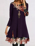 Casual Style Round Neck Floral Printed Long Sleeve Chiffon Mini Dress Shopvhs.com