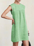 Casual Style Round Neck Sleeveless Cotton Linen Pleated Basic Dress Shopvhs.com