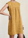 Casual Style Round Neck Sleeveless Cotton Linen Pleated Basic Dress Shopvhs.com