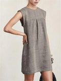 Casual Style Round Neck Sleeveless Cotton Linen Pleated Basic Dress Shopvhs.com