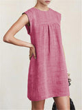 Casual Style Round Neck Sleeveless Cotton Linen Pleated Basic Dress Shopvhs.com