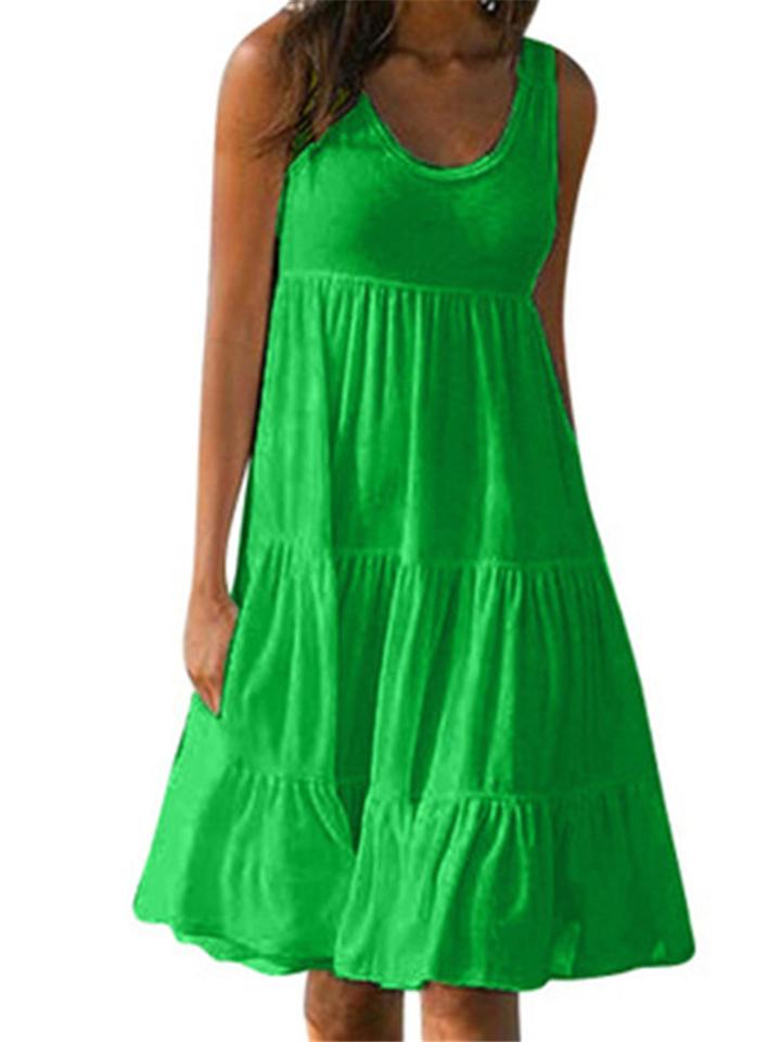 Casual Style Round Neck Sleeveless Flare Midi Length Dress Shopvhs.com