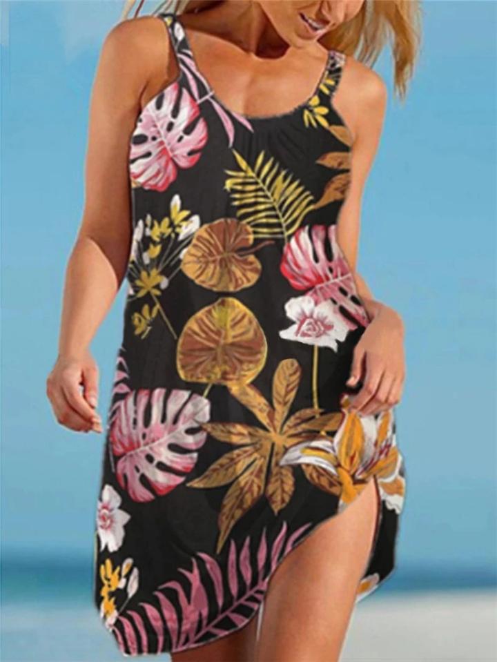Casual Style Scoop Neck Floral Printed Sleeveless A-Lined Dress Shopvhs.com