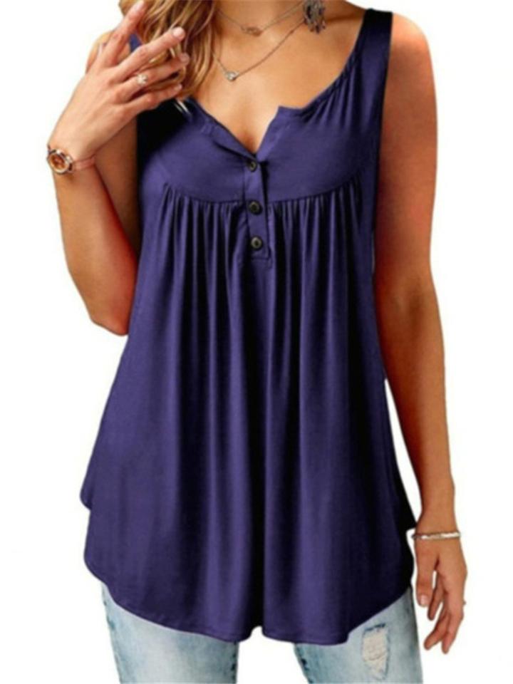 Casual Style Solid Color Button Up Pleated Pullover Tank Tops Shopvhs.com