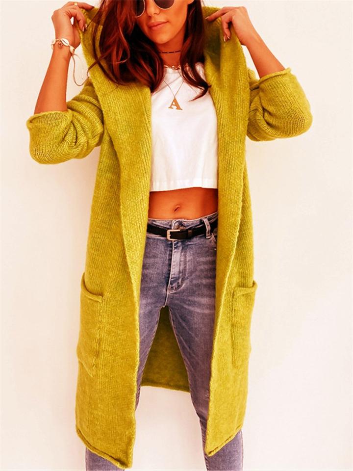 Casual Style Solid Color Open Front Pocket Hooded Midi Length Coat Shopvhs.com