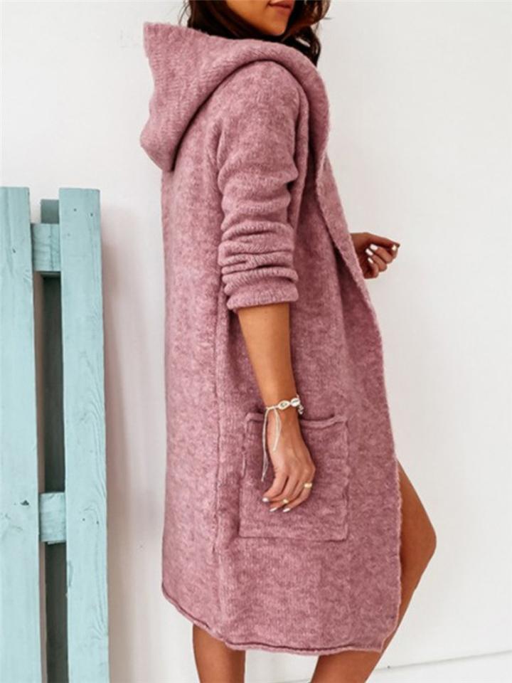 Casual Style Solid Color Open Front Pocket Hooded Midi Length Coat Shopvhs.com