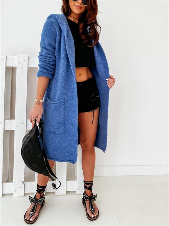 Casual Style Solid Color Open Front Pocket Hooded Midi Length Coat Shopvhs.com