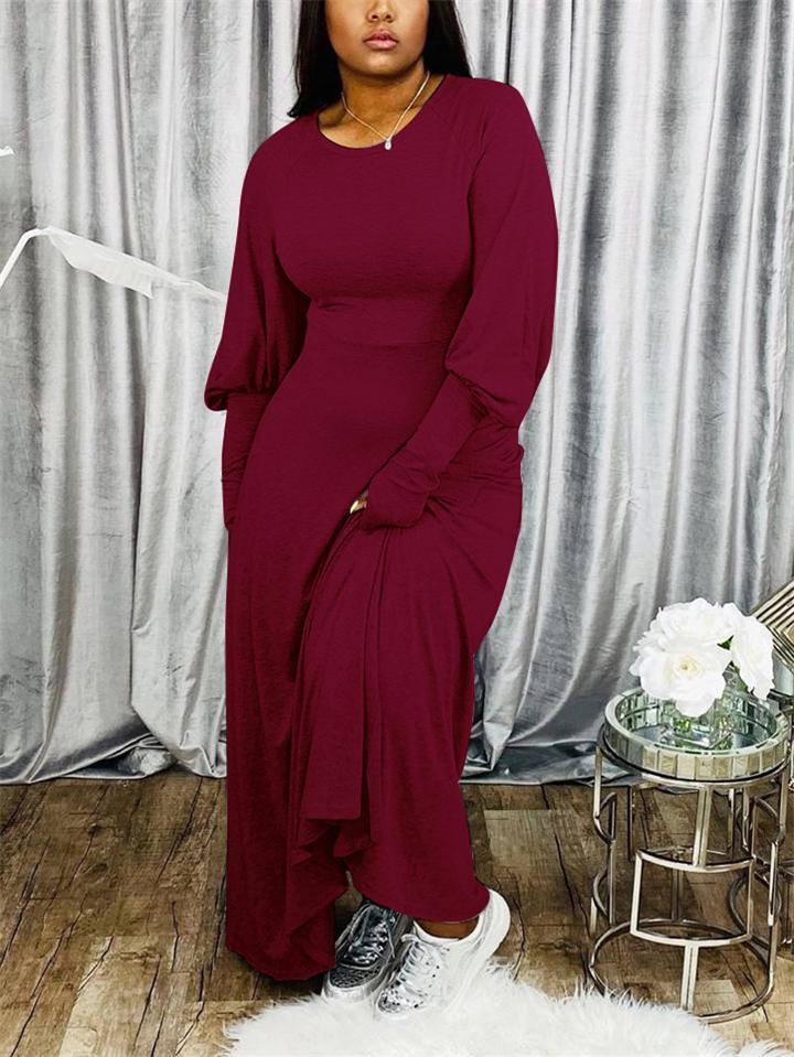 Casual Style Solid Color Round Neck Full Sleeve Maxi Dress Shopvhs.com