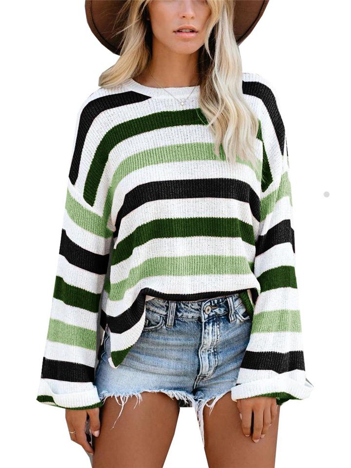 Casual Style Striped Round Neck Long Sleeve Knitted Sweater Shopvhs.com