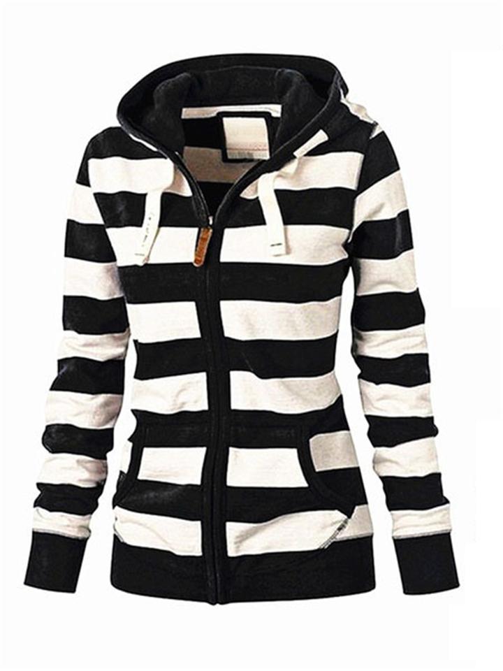 Casual Style Striped Zipper Pocket Drawstring Hooded Sweatshirt Shopvhs.com