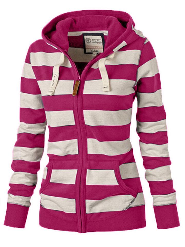 Casual Style Striped Zipper Pocket Drawstring Hooded Sweatshirt Shopvhs.com