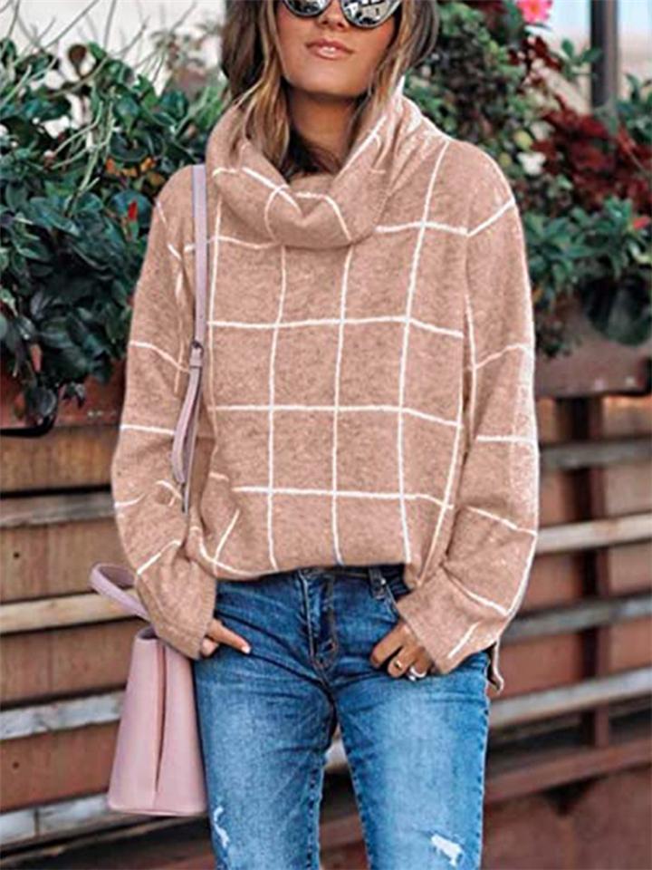 Casual Style Turtleneck Long Sleeve Plaid Pullover Sweater Shopvhs.com