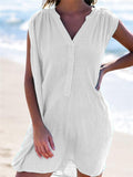 Casual Style V Neck Button Sleeveless Solid Color Mini Pullover Dress Shopvhs.com