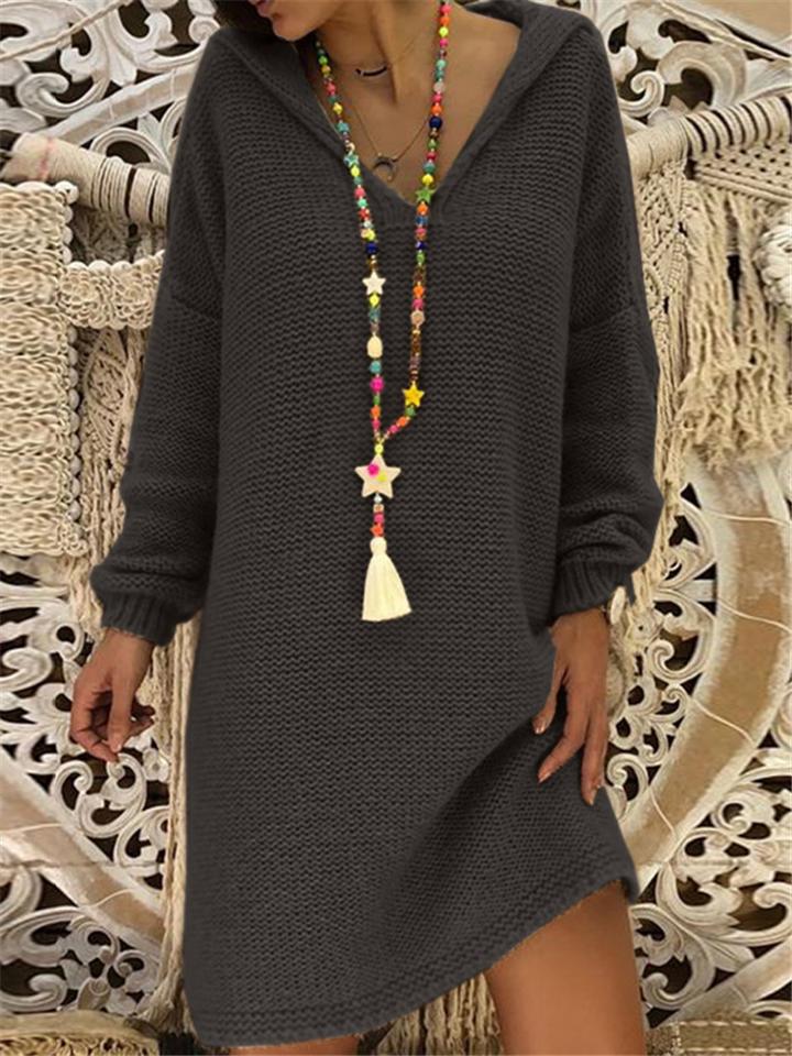 Casual Style V Neck Cable Knitted Solid Color Midi Length Dress Shopvhs.com