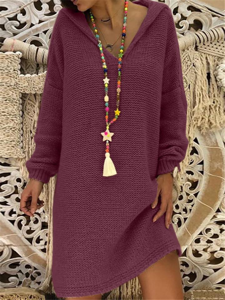 Casual Style V Neck Cable Knitted Solid Color Midi Length Dress Shopvhs.com