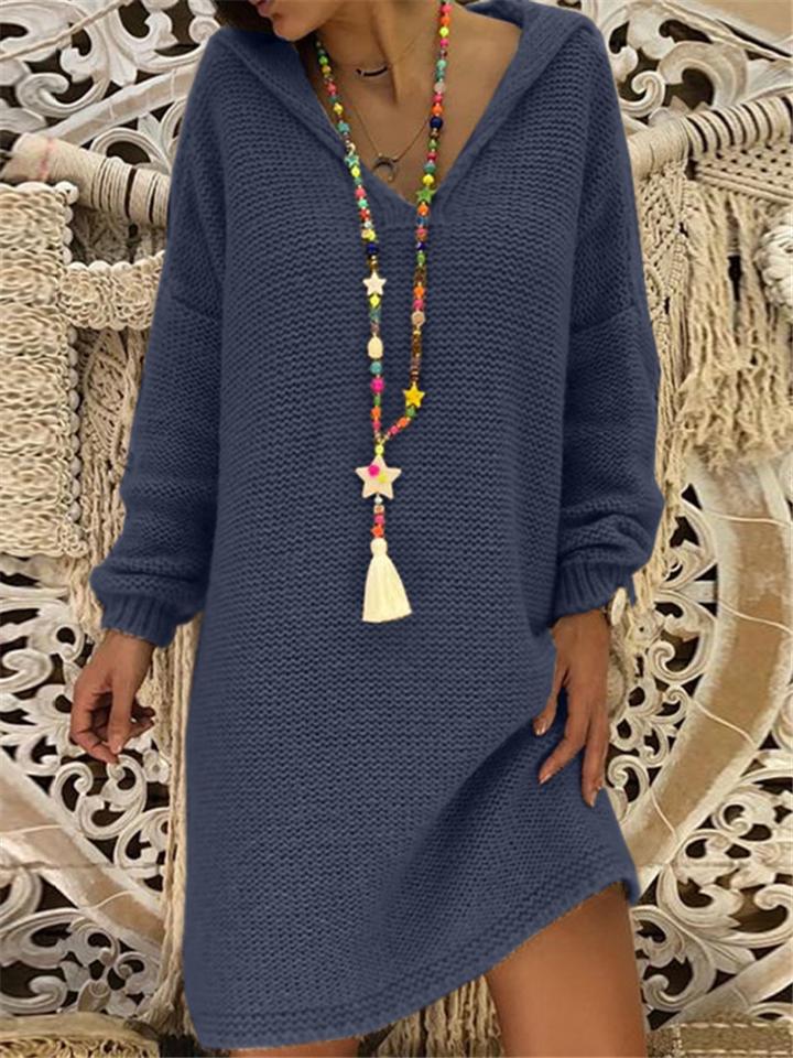 Casual Style V Neck Cable Knitted Solid Color Midi Length Dress Shopvhs.com