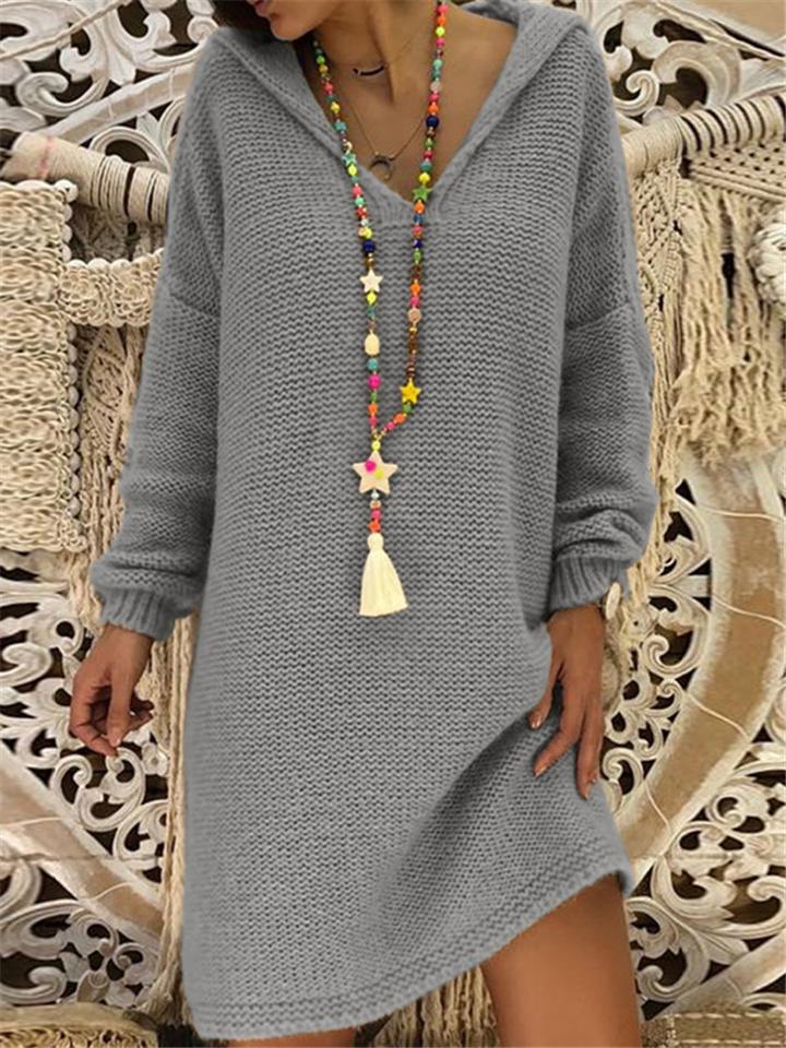 Casual Style V Neck Cable Knitted Solid Color Midi Length Dress Shopvhs.com