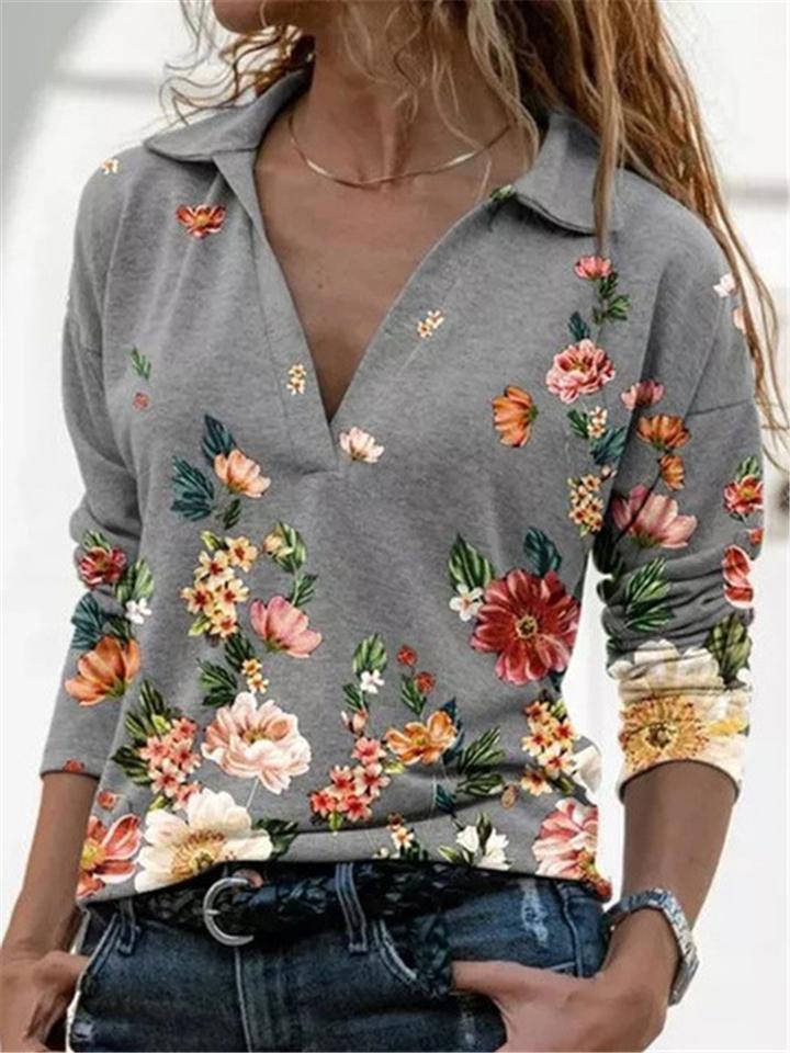 Casual Style V Neck Lapel Collar Floral Printed Pullover Tops Shopvhs.com