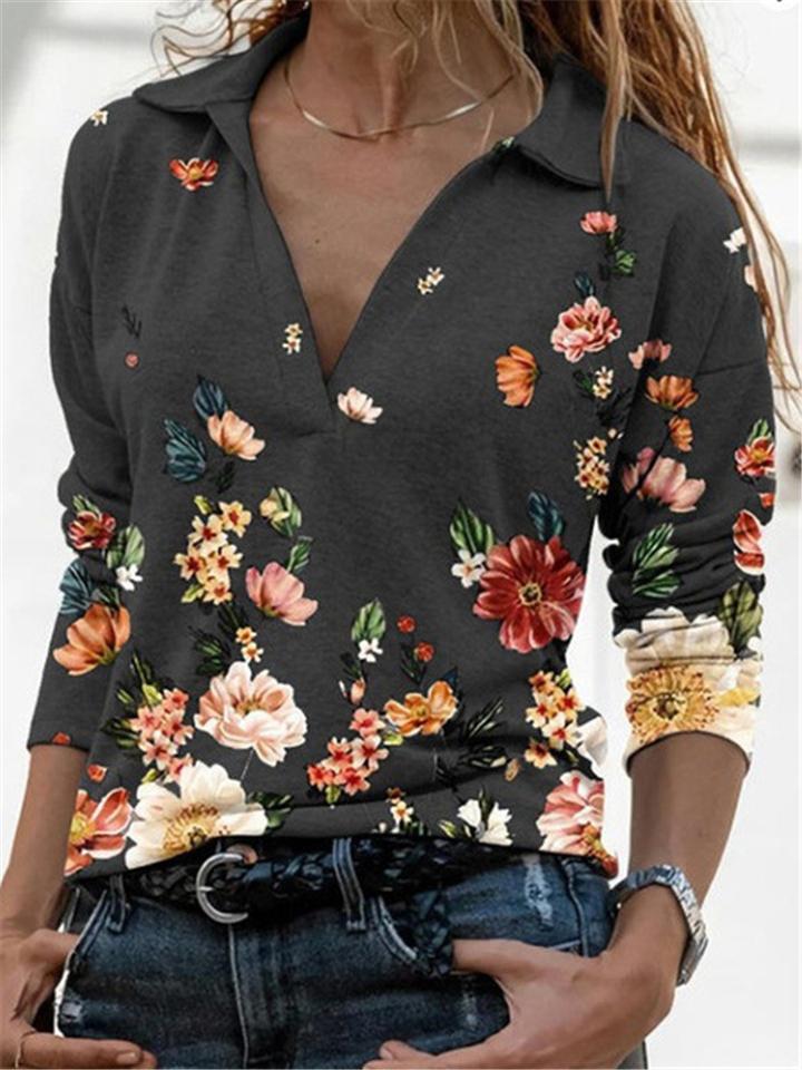Casual Style V Neck Lapel Collar Floral Printed Pullover Tops Shopvhs.com