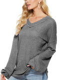 Casual Style V Neck Long Sleeve Solid Color Knitted Tops Shopvhs.com