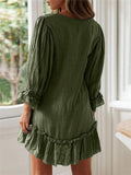 Casual Style V Neck Ruffle Hem Long Sleeve Cotton Linen Mini Dress Shopvhs.com