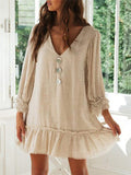 Casual Style V Neck Ruffle Hem Long Sleeve Cotton Linen Mini Dress