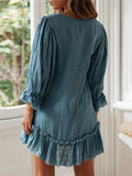 Casual Style V Neck Ruffle Hem Long Sleeve Cotton Linen Mini Dress Shopvhs.com