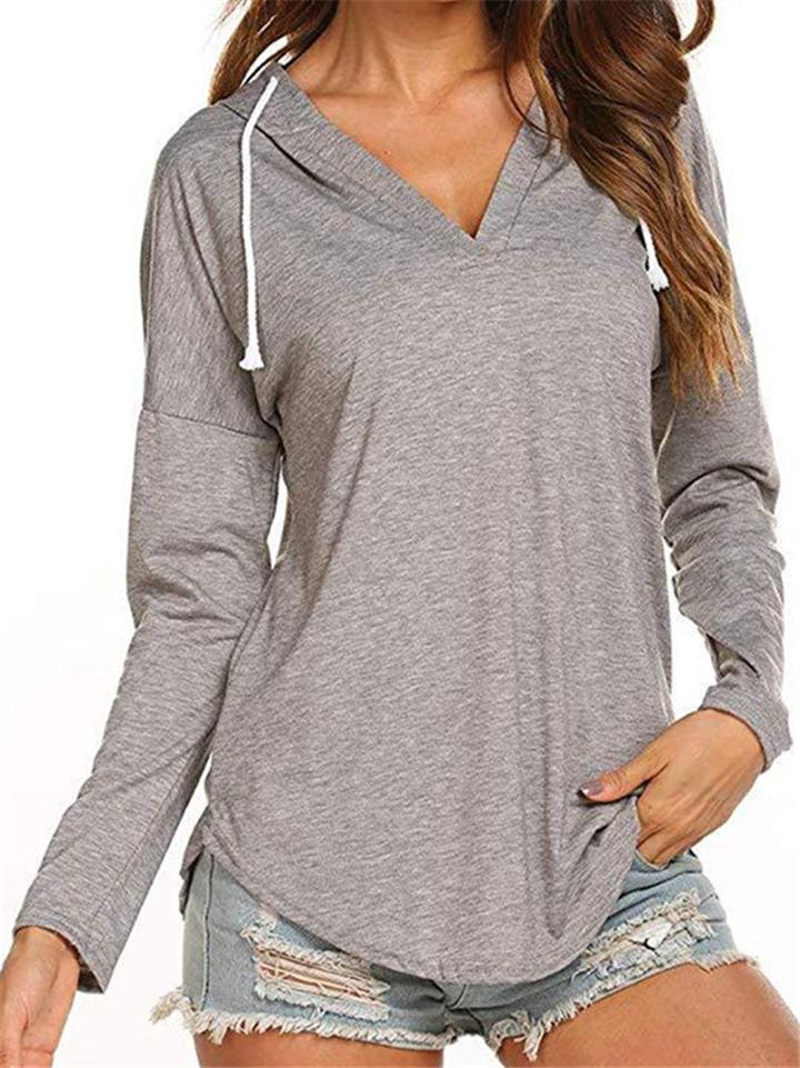 Casual Style V Neck Solid Color Long Sleeve Drawstring Hooded Sweatshirt Shopvhs.com
