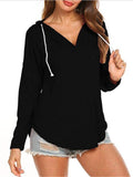Casual Style V Neck Solid Color Long Sleeve Drawstring Hooded Sweatshirt Shopvhs.com