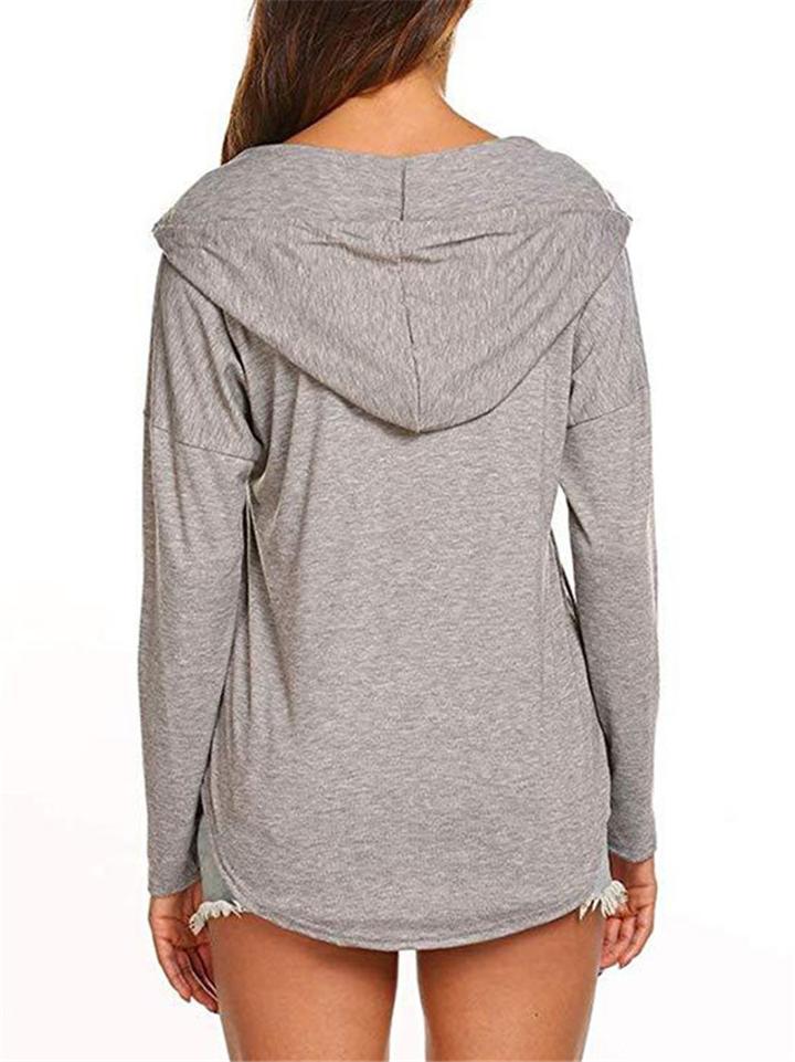 Casual Style V Neck Solid Color Long Sleeve Drawstring Hooded Sweatshirt Shopvhs.com