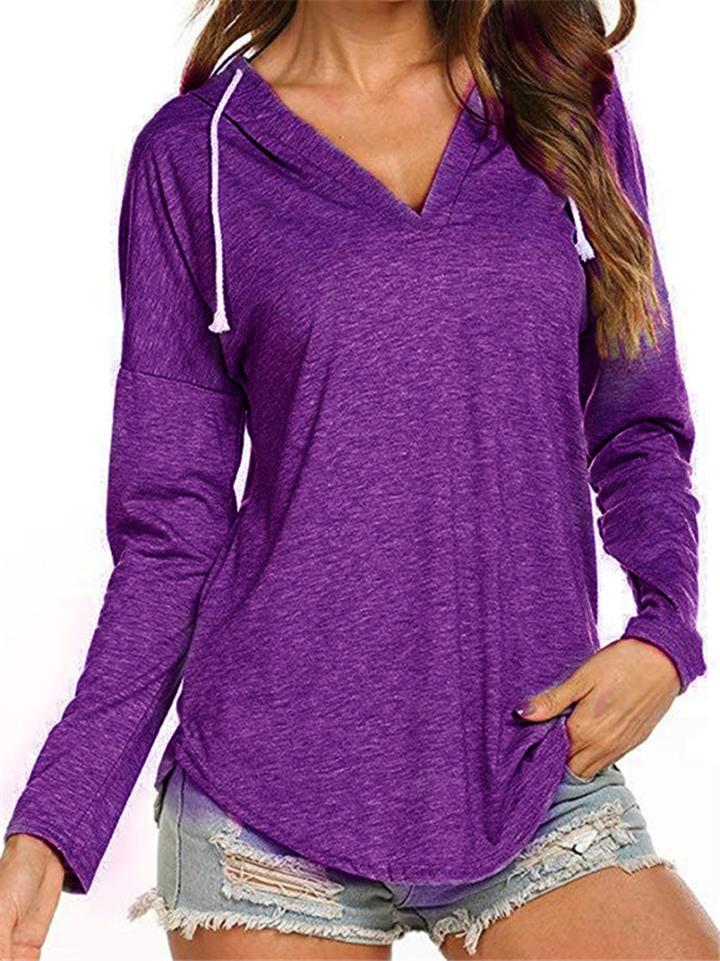 Casual Style V Neck Solid Color Long Sleeve Drawstring Hooded Sweatshirt Shopvhs.com