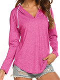 Casual Style V Neck Solid Color Long Sleeve Drawstring Hooded Sweatshirt Shopvhs.com