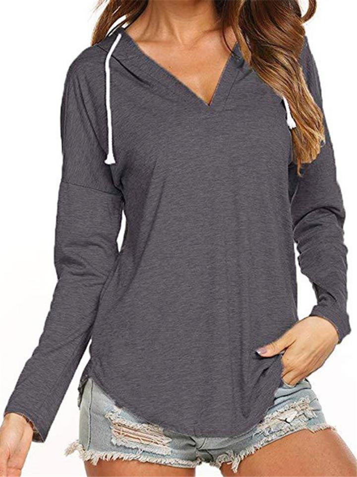 Casual Style V Neck Solid Color Long Sleeve Drawstring Hooded Sweatshirt Shopvhs.com