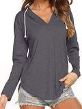Casual Style V Neck Solid Color Long Sleeve Drawstring Hooded Sweatshirt Shopvhs.com