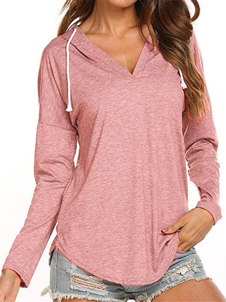 Casual Style V Neck Solid Color Long Sleeve Drawstring Hooded Sweatshirt Shopvhs.com
