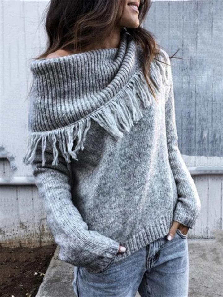 Casual Tassel Pile Neck Knitted Ribbed Solid Color Sweater Shopvhs.com