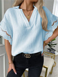 Casual V-Neck Lace Short Sleeve Blouse Shopvhs.com
