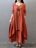 Casual V Neck Long Sleeve Swing Linen Dress Shopvhs.com
