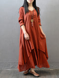 Casual V Neck Long Sleeve Swing Linen Dress Shopvhs.com