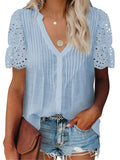 Casual V Neck Pleated Design Floral Lace Cutout Detailing Lightweight Pullover Top Shopvhs.com